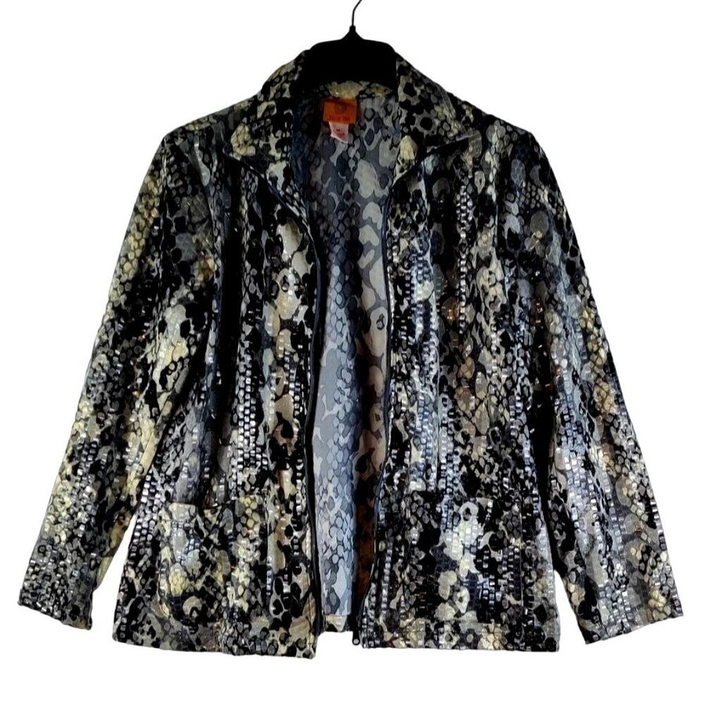 Jacket Faux Snake Skin Pattern Shinny Zipper Gunmetal Sequined Ruby Red